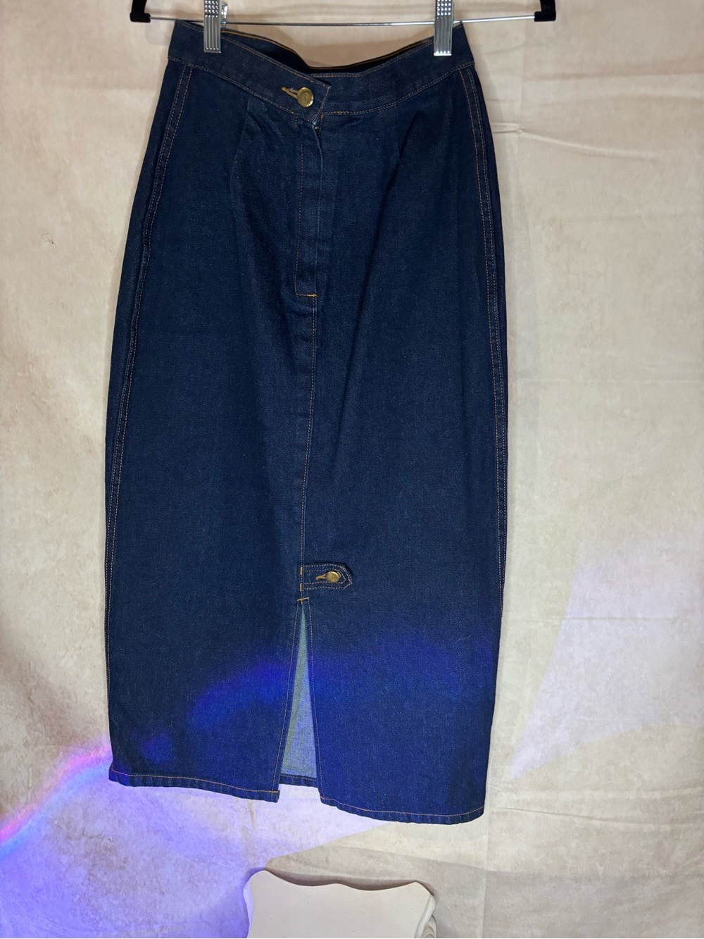 Dark Blue Denim Midi Skirt - Classic Front-Slit Pencil